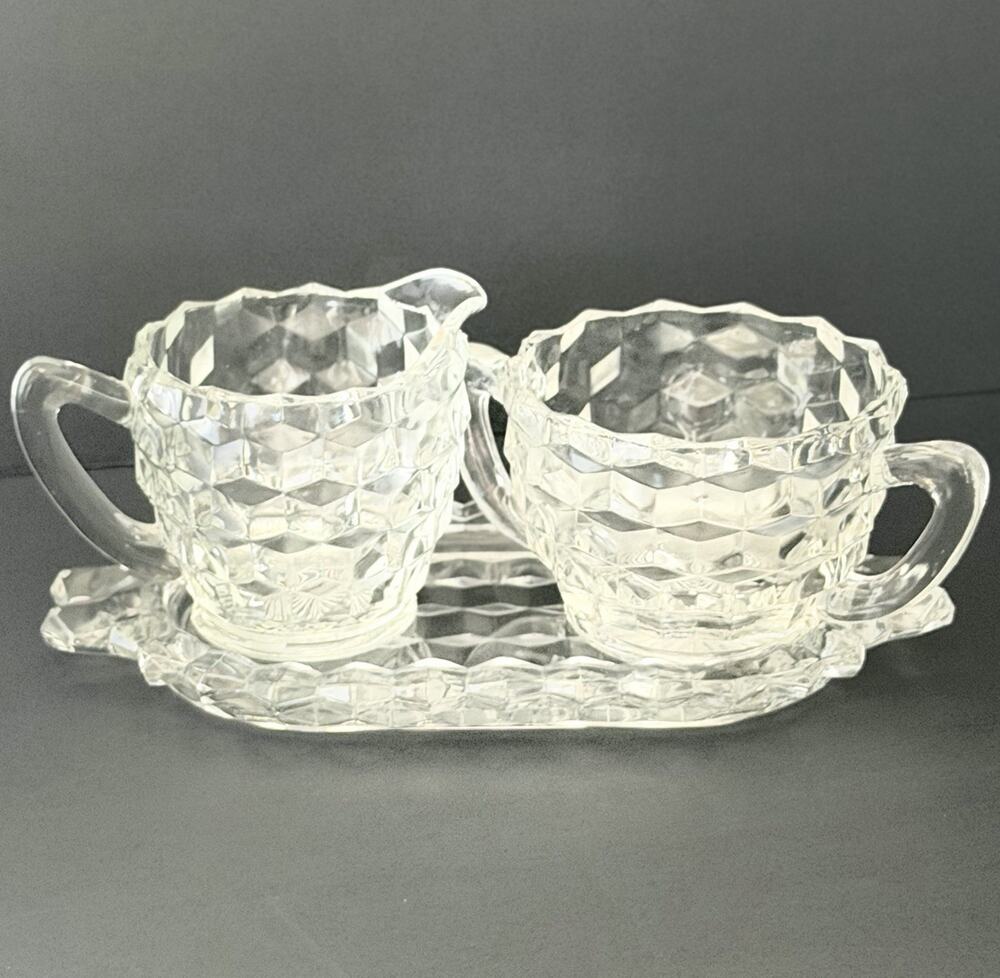 Clear Glass Geometric Creamer & Sugar Set w/ Oval Tray, Handles, 3-Pce Fostoria